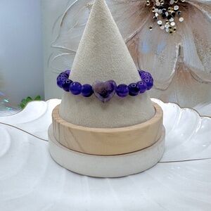 Amethyst One Heart Centered Beaded Bracelet for large wrists